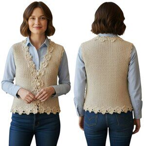 Croquet Club Vintage Silk Crochet Vest L • Ivory Handcrafted Boho Chic